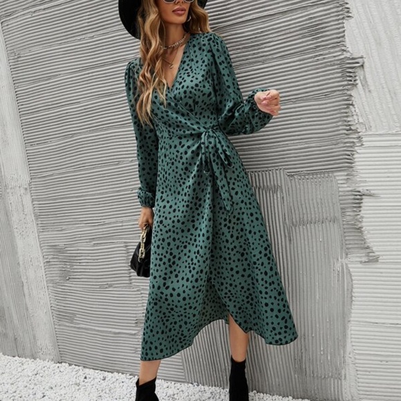 Taupe Leopard Print Bishop Sleeve Wrap Dress - Picture 8 of 11